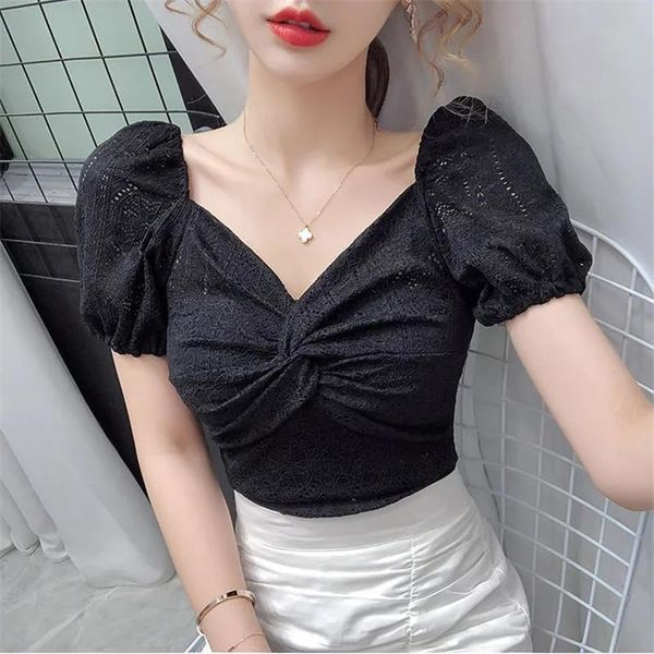 

women's blouses & shirts women vintage v neck puff sleeve lace blouse summer korean harajuku shirt female short crop elegant, White