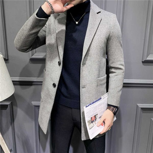 

men's trench coats simple solid color wool jacket medium length for man elegant korean only breasted youth in casual coat fashion 9fi3, Tan;black
