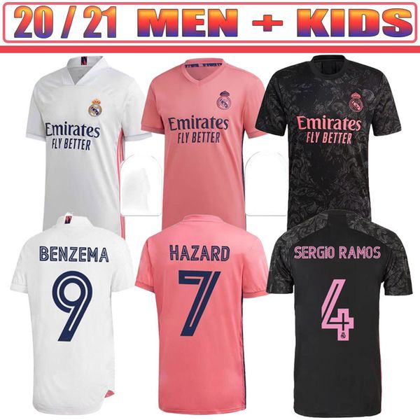 

men kids +socks real madrid soccer jersey fourth 20 21 hazard asensio sergio ramos camiseta 2020 2021 vini jr mendy player football shirts, Black;yellow