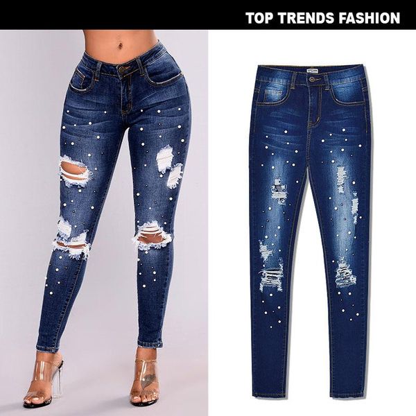 

women's jeans women high waist slim elastic hollow out fashion vintage female, Blue
