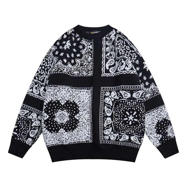 

men's sweaters high street floral printed knitted sweater harajuku streetwear 2021 loose casual clothing, White;black