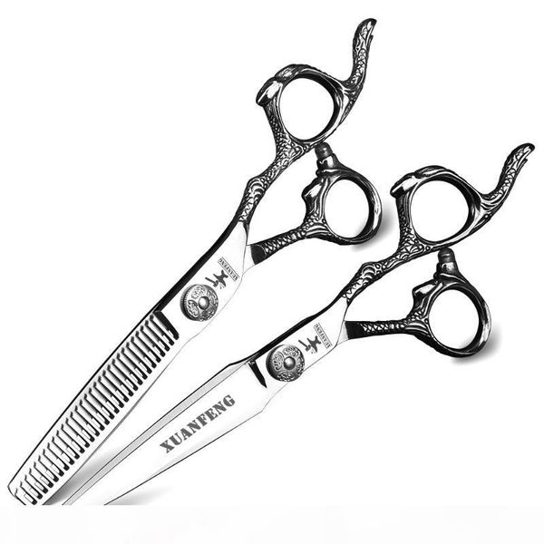 

xuan feng sea snake carving silver hair cutting scissors 6 inch hair scissors japan 440c steel thinning and cutting set