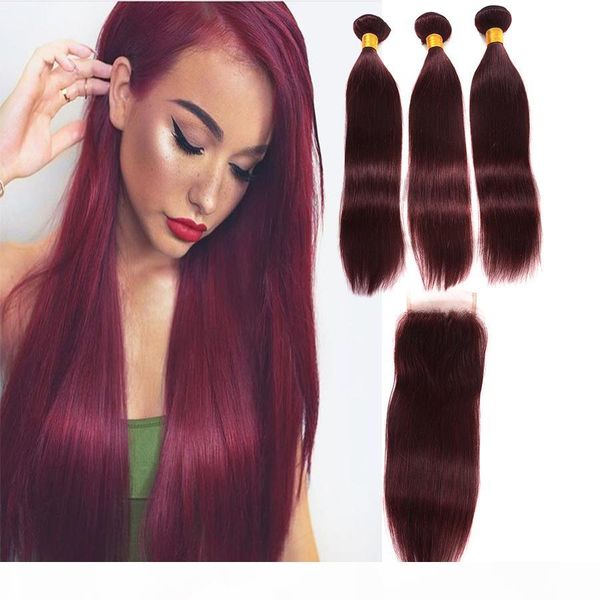 

burgundy wine red 99j brazilian virgin hair weave bundles with closure malaysian straight baby human hair extension, Black;brown