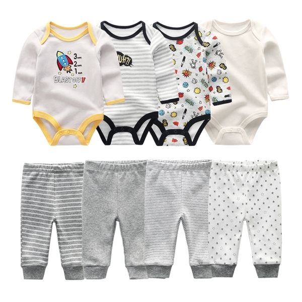 2021 algodão 6/8 pcs recém-nascido menino 0-12m outono bodysuits + calças meninos vestuário conjuntos de manga cheia roupas bebé roupas 210309