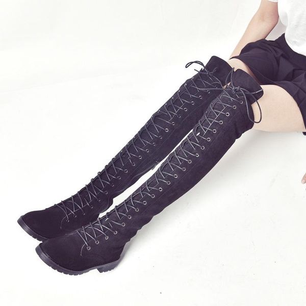 

boots 2021 explosions fall/winter european and american round head square with skinny lacing knee-high winter women, Black