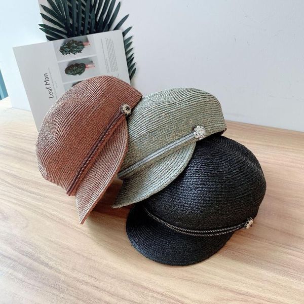 

stingy brim hats 202103-du japan design rhinestone flower chain handmade raffia grass leisure lady octagonal hat women visors cap, Blue;gray