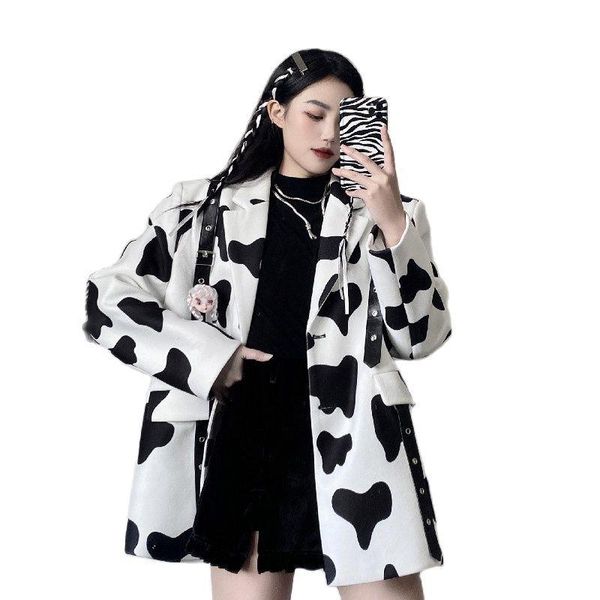 

women's suits & blazers street suit jacket women 2021 spring autumn korean mid-length printed loose female coats f992, White;black