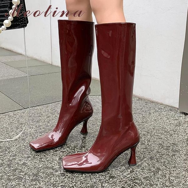 

boots meotina women genuine leather fashion thick high heel square toe shoes knee zipper ladies autumn winter, Black