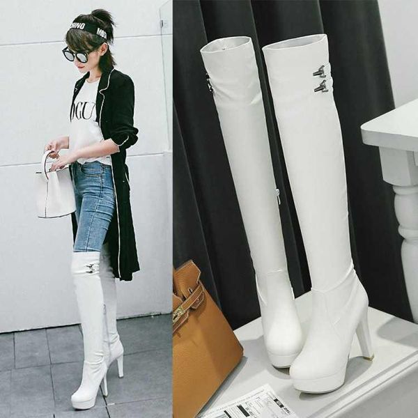 

boots winter knee women's high heel waterproof platform zipper long tube show leg thin large shoes, Black