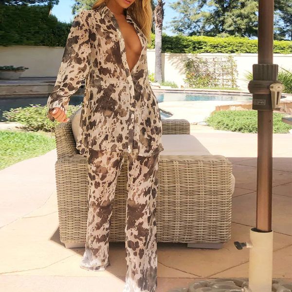 

2021 autumn trun down collar print long coat wide pants party suit women's clubwear two joint e2yu, Gray