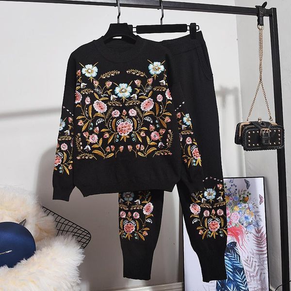 

women's two piece pants korean fashion black embroidery flowers knit tracksuits set women 2pc loose casual pullover sweater pencil outf, White