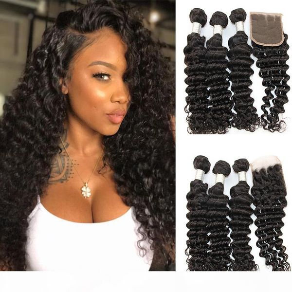 

human hair weave bundles with closure deep wave 100% unprocessed human hair wefts with 4x4 hair closure natural color 8-28 inch, Black