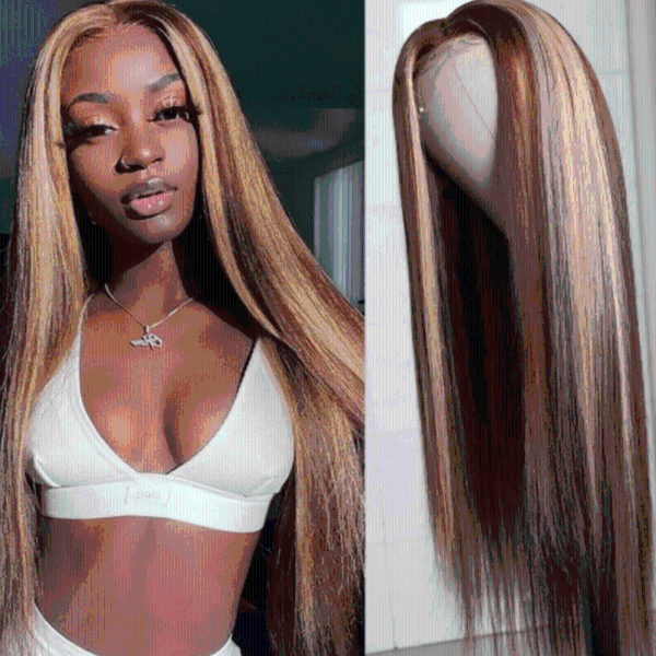 

lace wigs 5x5 closure wig caramel honey highlight human hair blonde brown bone straight 180% density ulamaz, Black;brown