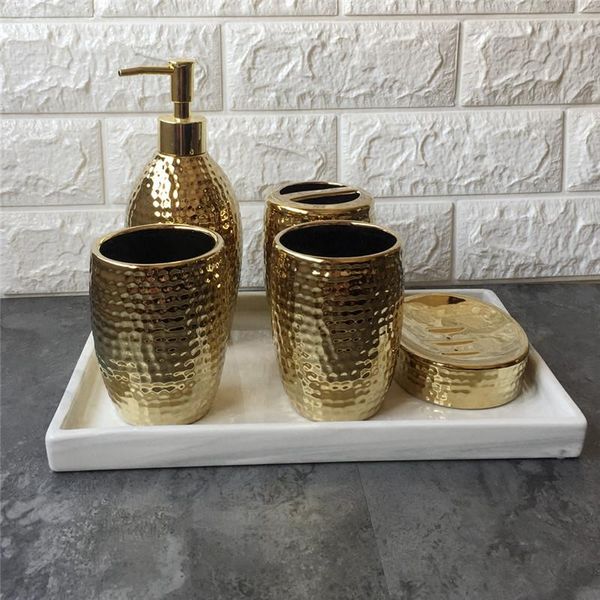 

bath accessory set bathroom accessories gold plating soap dispenser toothbrush holder gargle cup with ceramic tray wedding gifts