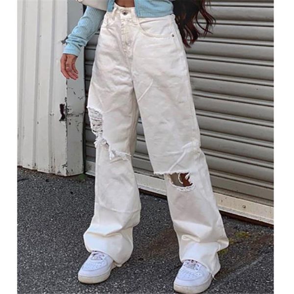 

women's jeans women button high waist pocket solid color white trousers loose denim pants boyfriends, Blue