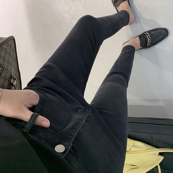 

women's jeans woman pants high waist dark gray winter tight pencil, Blue