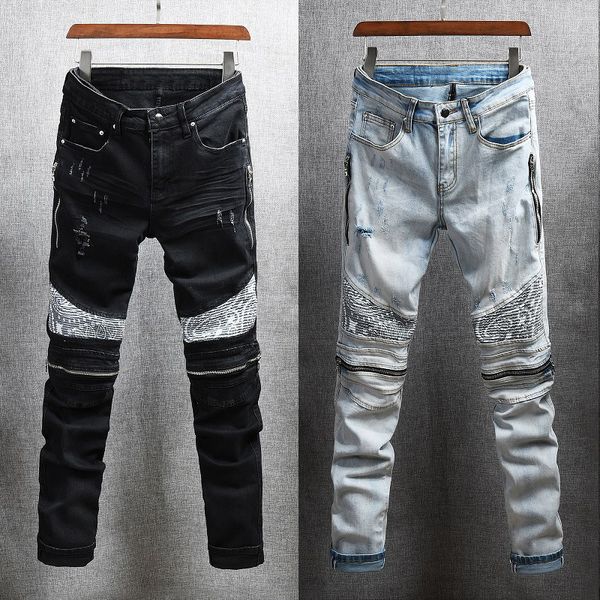 

2021 new american streetwear fashion men jeans elastic cotton patchwork spliced designer ripped denim punk trousers hip hop biker pants 2tyj, Blue