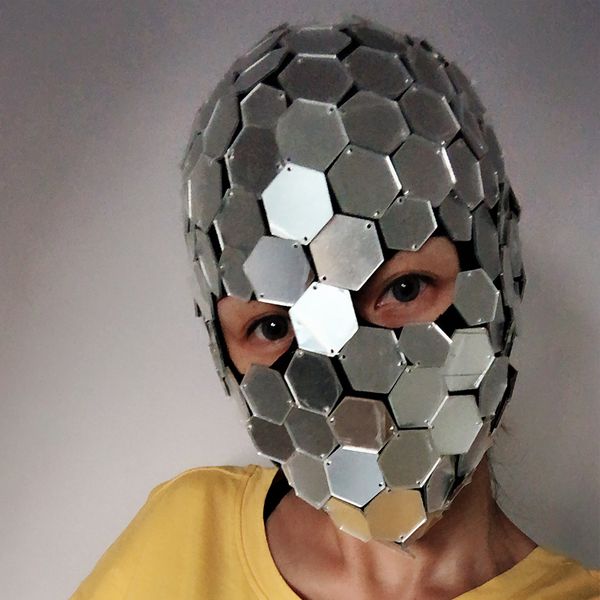 

gogo dancer costume mirror dress mask silver costume head cover cool reflective mirror accessories silver mirror costume vdb918, Black;red