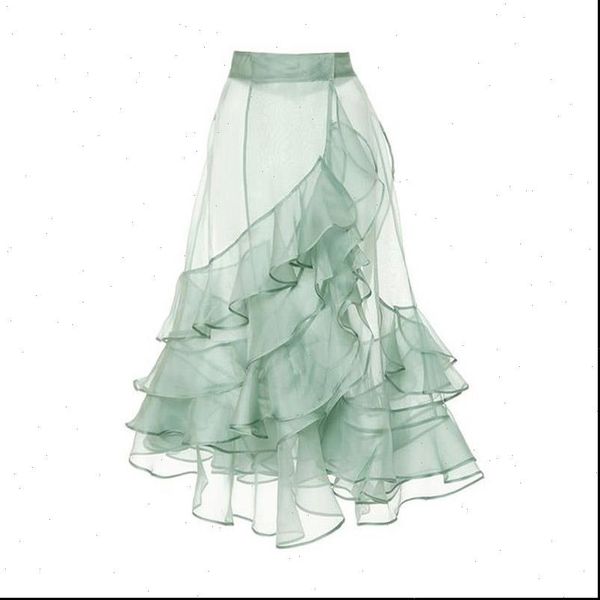 

2020 mint green see thru mermaid tulle skirts women zipper ruffles tiered mid calf wrap tulle skirt summer, Black