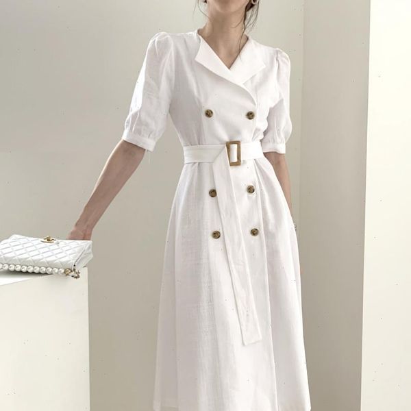 

new korean 2021 women summer dress high waist casual double breasted puff sleeve lace up elegant long dress, Black;gray
