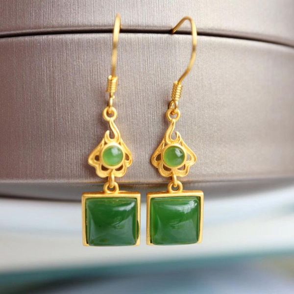 

dangle & chandelier silver inlaid natural hetian jasper square geometry long earrings chinese style retro minority design women's jewel