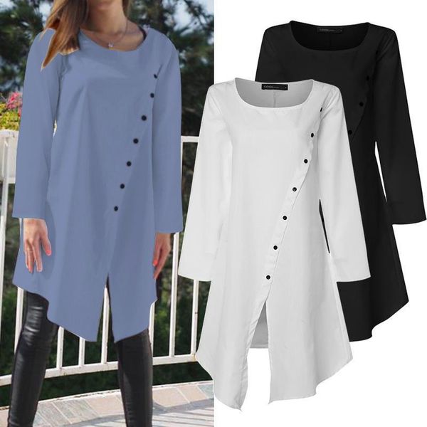 

plus size womens blouse long sleeve loose buttons autumn casual solid o neck tunic shirt asymmetric blusas femininas, White