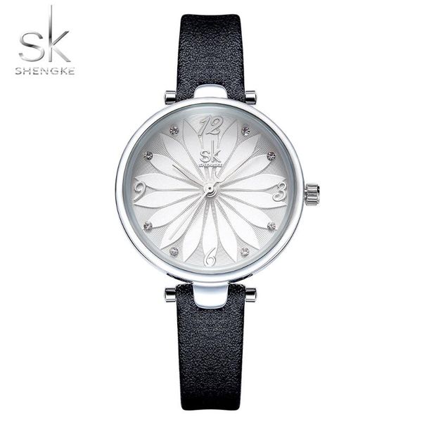 

wristwatches shengke women quartz watches crystal flower dial leather wristwatch dress relogio feminino 2021 sk creative ladies, Slivery;brown
