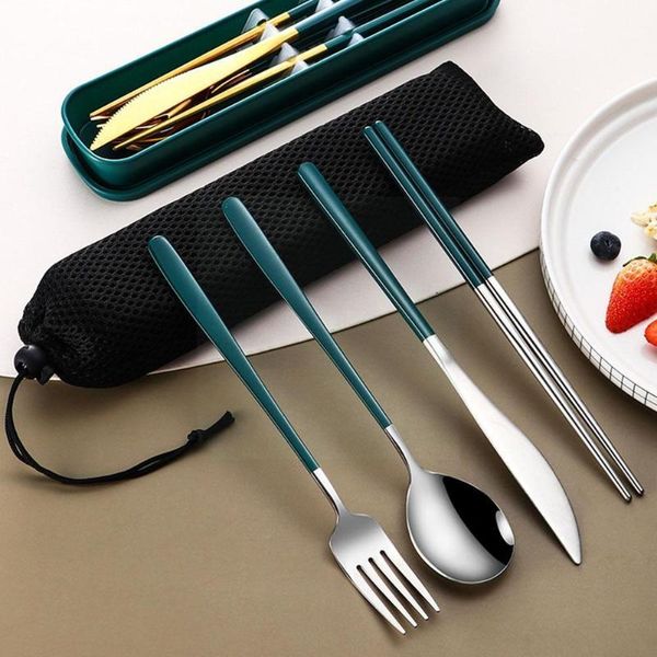 

spoons 4pcs/set camping tableware set reusable travel cutlery portable with steel case chopsticks box spoon fork gift s4v5