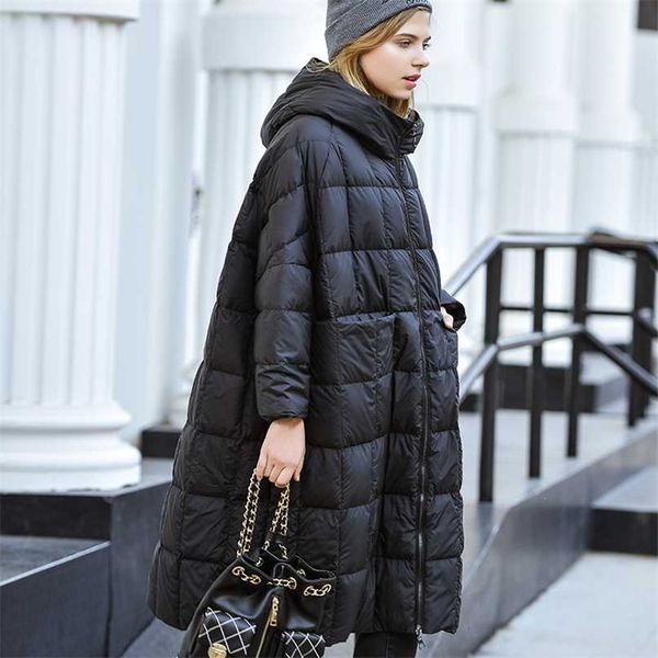 

women winter down jacket 90% white duck down coat hooded long female parkas ladies loose filled feather snow outwear 211108, Black