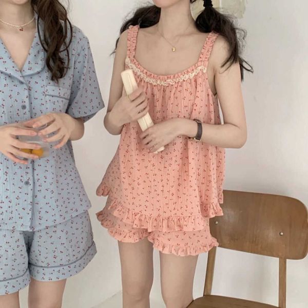 Pijamas conjuntos mulheres flores vintage amigo sexy formantemente verão borda ruches adolescente meninas noite vestuário coreano estilo kawaii secundário q0706