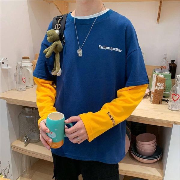 

men's t-shirts solid korean t shirt males casual japan tshirt t-shirt mens hip hop patchwork spring tee long sleeve streetwear boy, White;black