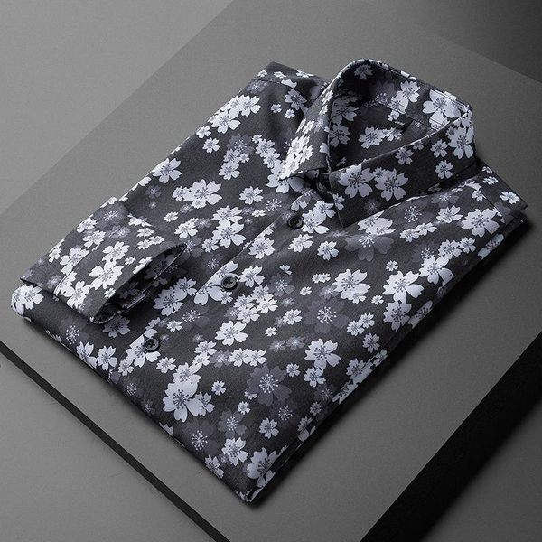 

men's casual shirts classic all printed mens luxury long sleeve flower dress fashion spring slim fit party male, White;black