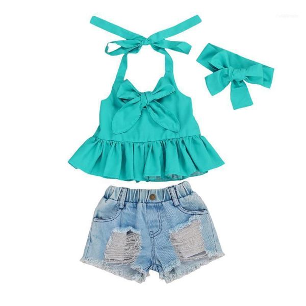 

clothing sets toddler kids girls summer lovely clothes bowknot ruffles sleeveless vest denim ripped shorts headband 1-6y1, White