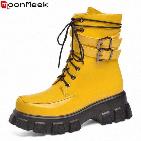 

moonmeek 2020 plus size 34 43 winter ankle boots square heels platform ladies shoes patent leather women boots riding boo w9zw#, Black