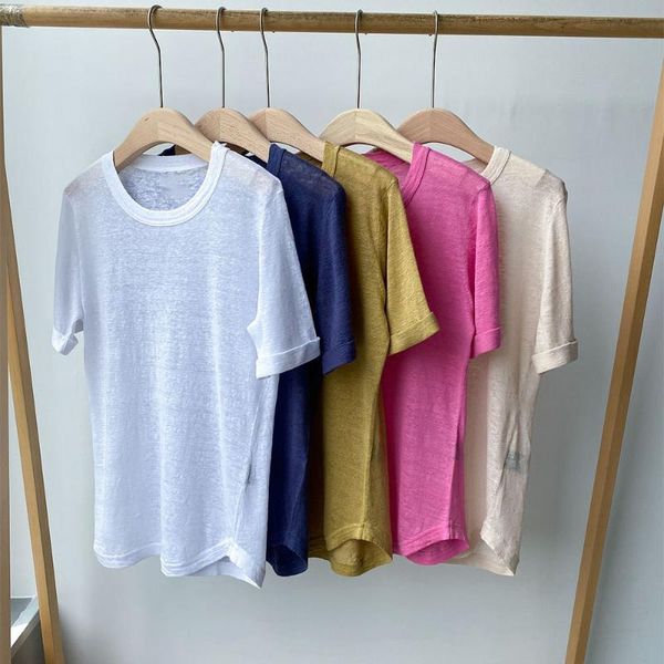 

women's t-shirt 2021 summer women linen ladies short sleeve o-neck lady loose thin tee, White