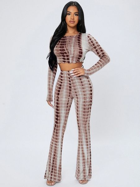 

petite tie dye lettuce trim crop & flare leg pants d401#, White