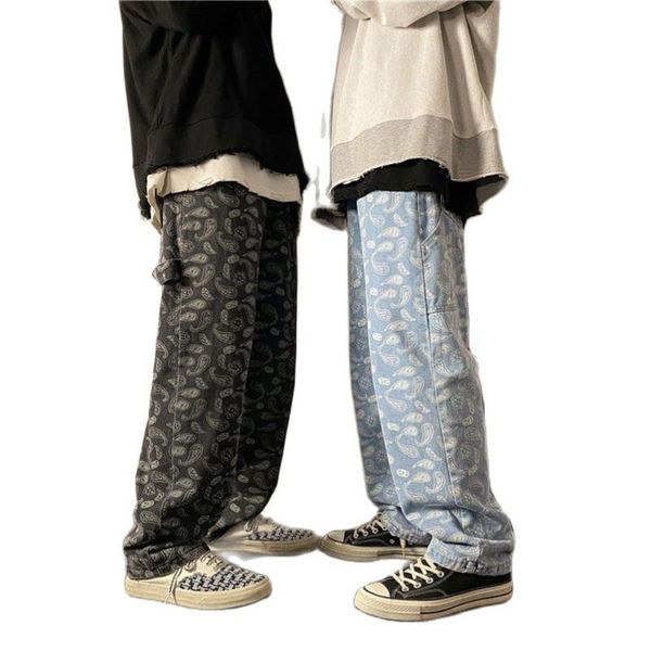

men's jeans bandana men spring autumn wide leg denim pant oversized baggy trousers straight paisley clothing 2021, Blue