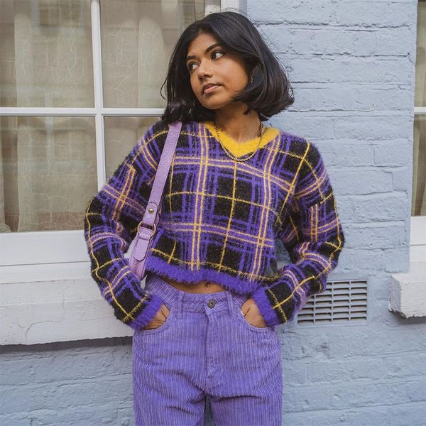 

2021 purple yellow plaid chic v-neck cropped sweater women long sleeve winter new preppy style girls streetwear casual brand t1h9, White;black
