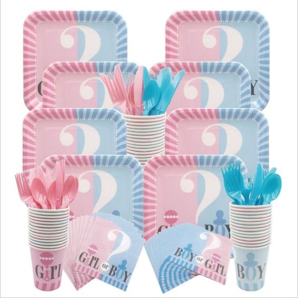 

disposable dinnerware omilut baby gender reveal partyware kit pink girl blue boy plates cups napkins and banner shower