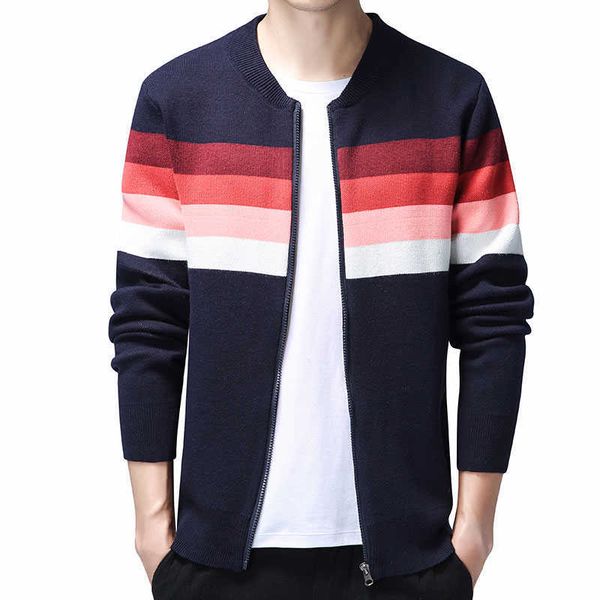 

korean sweater coat men autumn warm cotton cardigan men streetwear fashion striped zipper coats slim turtleneck oversize 3xl 210601, White;black