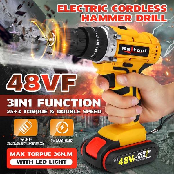 

professiona electric drills raitool 48vf drill cordless screwdriver wireless power driver rechargeable lithium-ion battery