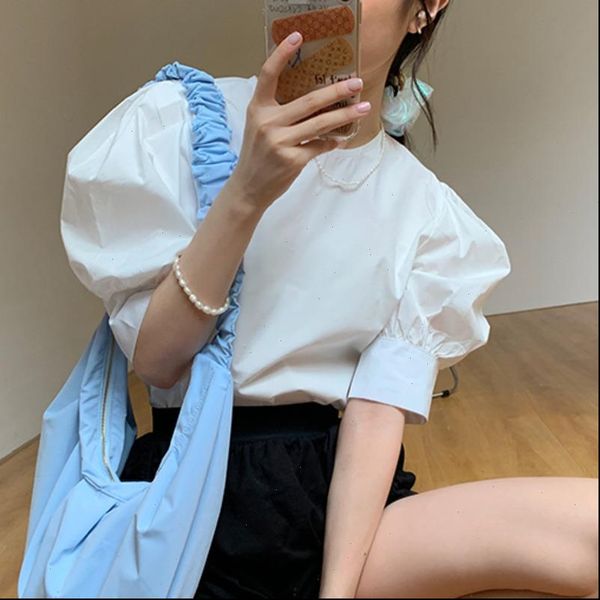 

2021 summer new korean chic sweet women shirt cotton fashion casual female puff sleeve women clothing pullover, White