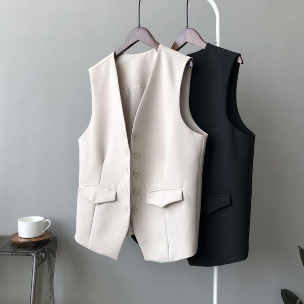 

women's vests #0795 beige black suits vest women office coat v neck loose casual female short waistcoat spring summer, Black;white
