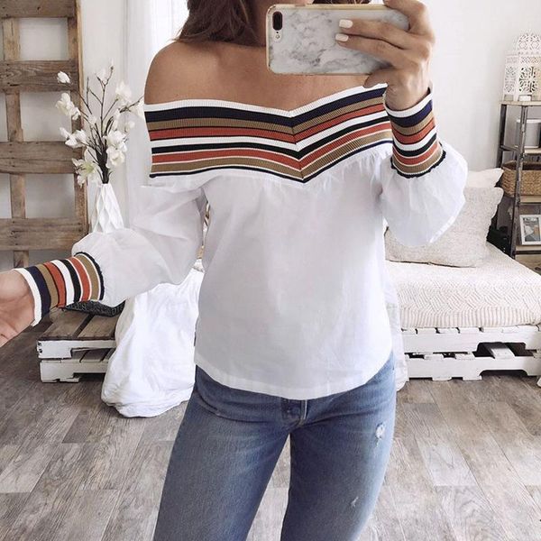 

women spring multicolor blouses long sleeve off the shoulder blouse fashion slash neck plus size blouses t, White