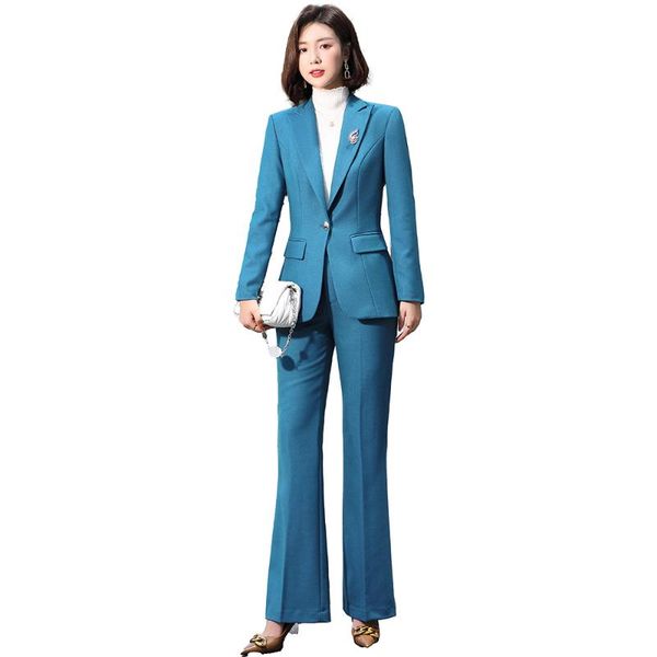 

women's two piece pants 2021ss blue suit 2 pieces set formal elegant ladies ol blazer flares pant female jacket + trousers plus size s-, White