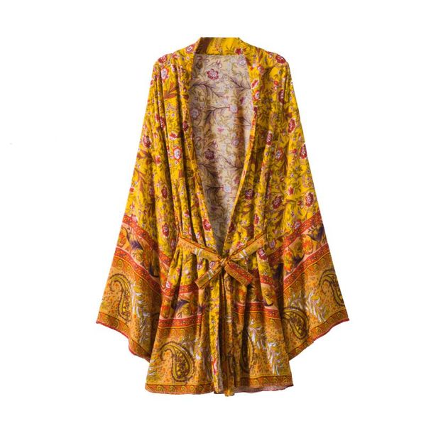 

women's swimwear vintage boho rayon cotton robes yellow floral print cover ups bohemian sashes loose fit women plus size blusas kimonos, White;black