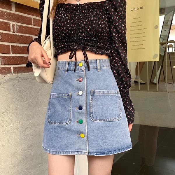 

skirts spring summer women high waist rainbow button mini denim casual female single breasted pocket blue jeans skirt, Black