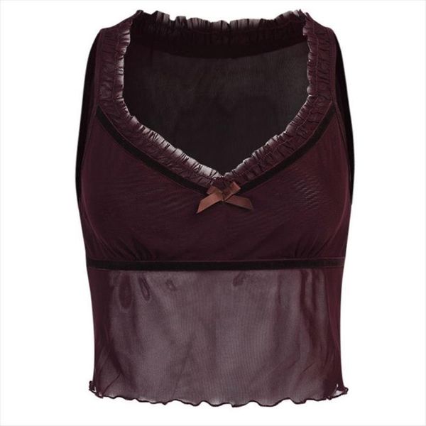 

sleeveless ruffles bowknot crop women camis sheer mesh v neck slim vest f42f, White