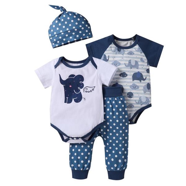 

clothing sets 4 pcs born color block outfits baby girl boy elephant pattern short sleeve round neck rompers + dot print pants knotted hat, White