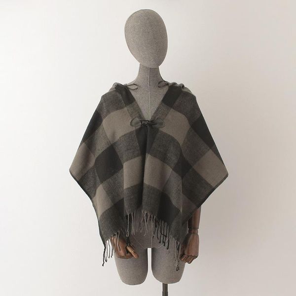 

scarves winter women scarf classical black grey plaid hooded shawl wraps female warm cashmere poncho pashmina cape with hat, Blue;gray